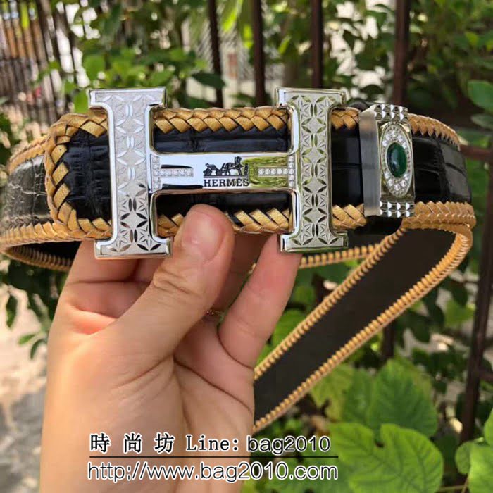 愛馬仕HERMES 純手工編織無拼接美洲鱷魚肚皮 高端男士皮帶 HHG1514